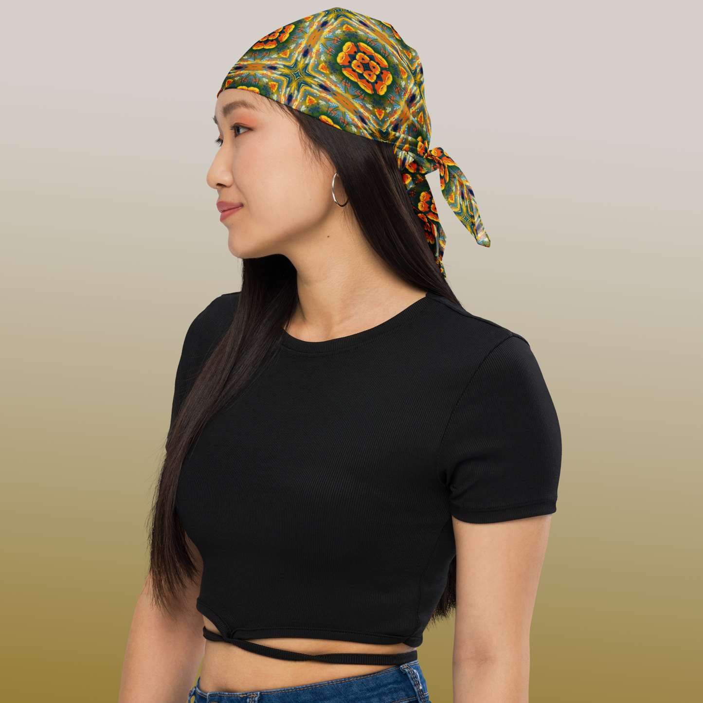 An homage to the Goldent State of California, a bandana with a Poppy motif in kaleidoscopic pattern, worn here as a head scarf by a beautiful and confident woman.