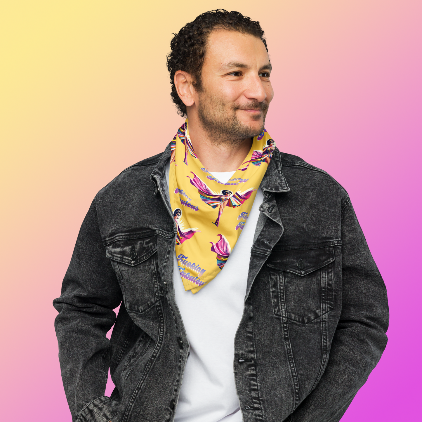 Handsome man wearing bright and bold bandana around his neck with superheroine in rainbow costume with vintage font proclaiming "Fucking Fabulous", which he absolutley is.