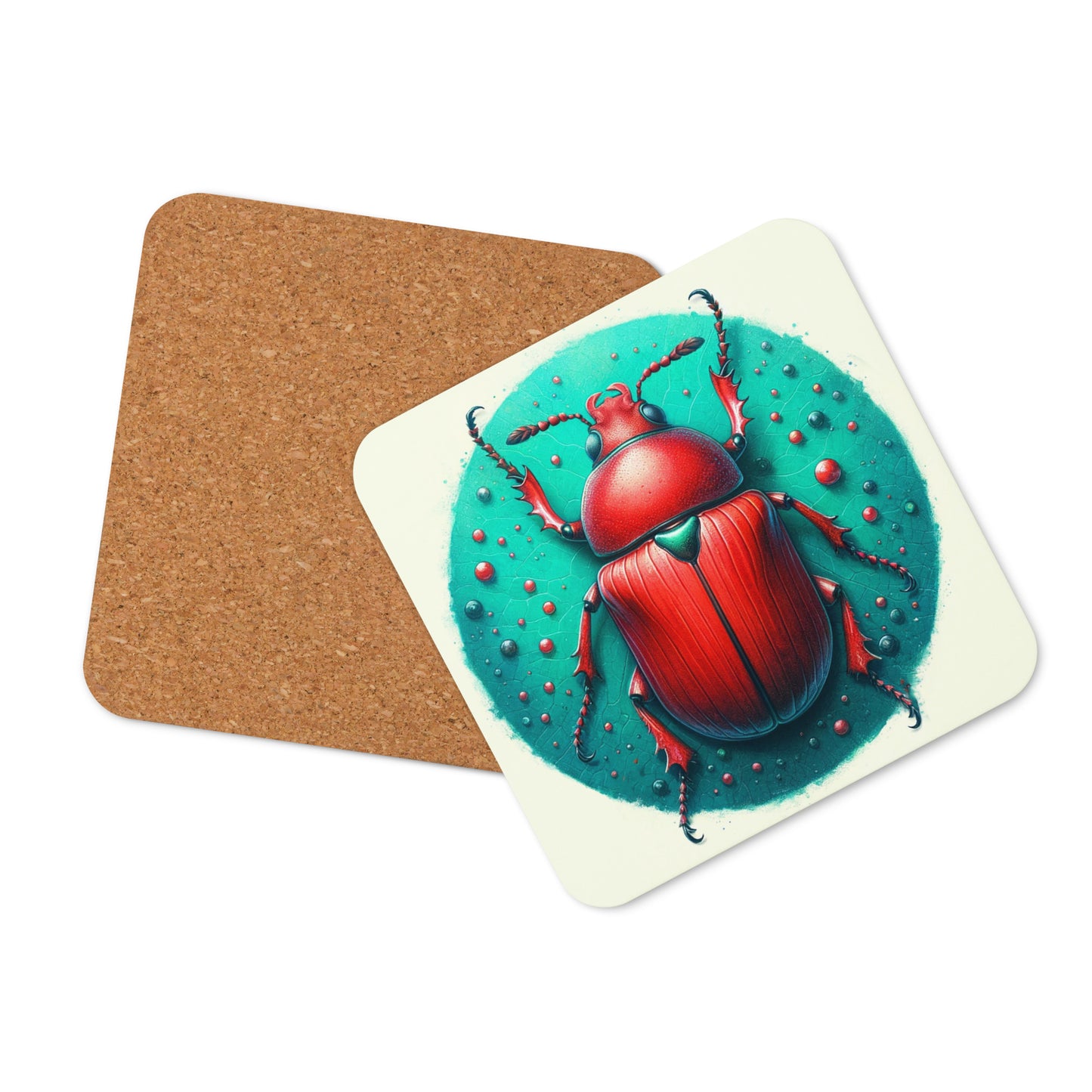 Big bold red beetle on teal and spotted textured background cork back coaster top view