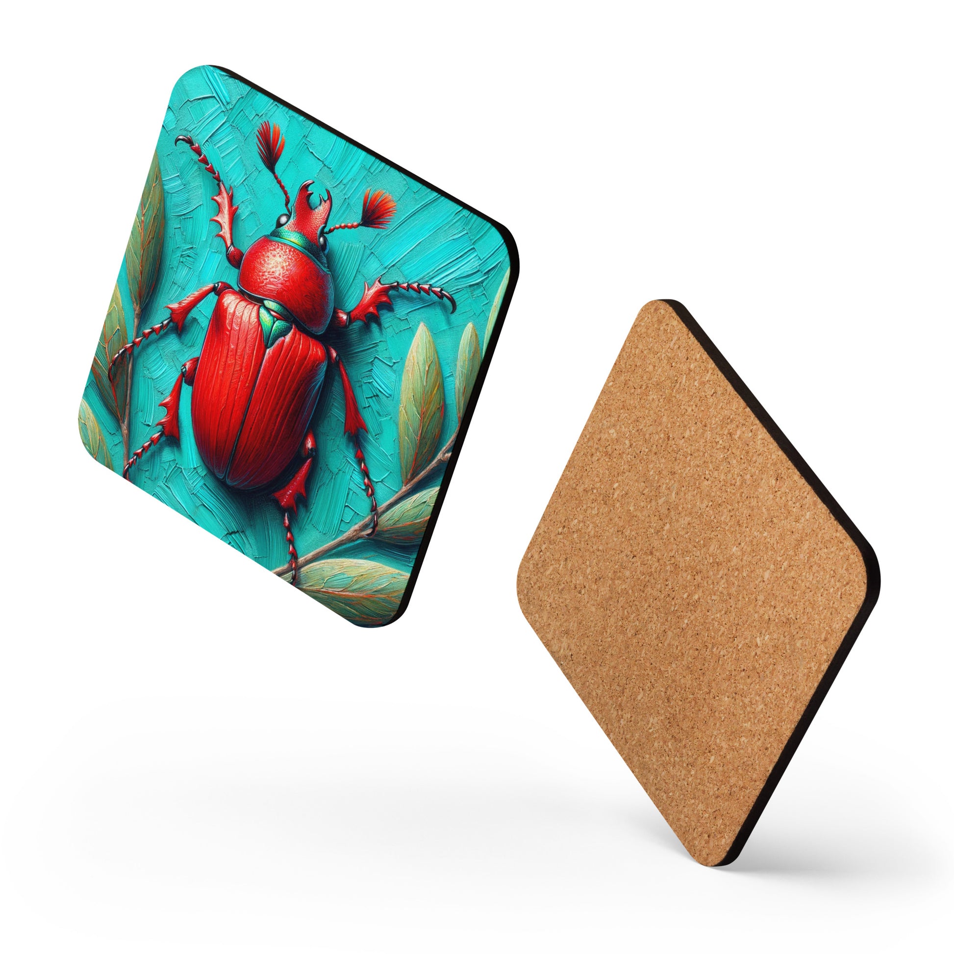 red Beetle on textured background with green leaves cork back coaster side angle view