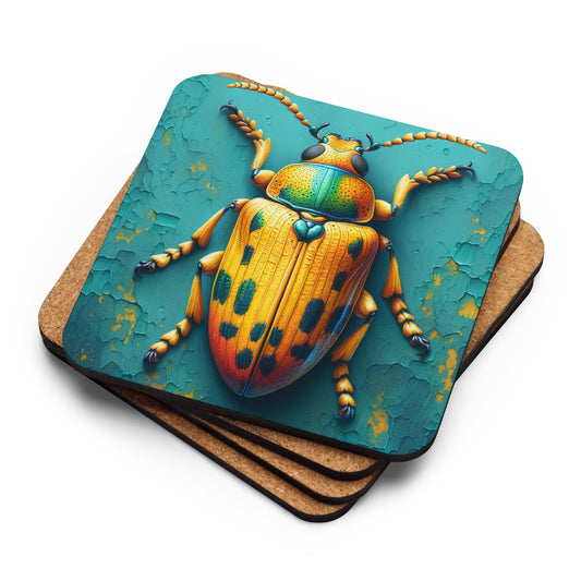 Big bold yellow spotted beetle on textured surface cork backed coaster top view