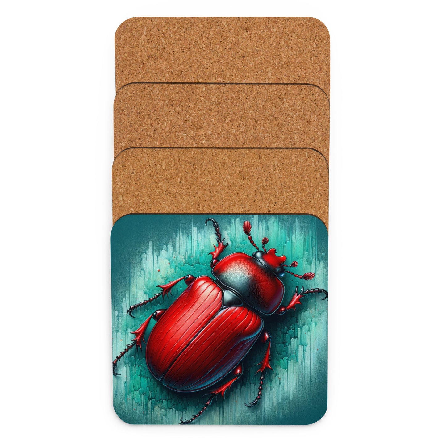 Big Bold Red Beetle on textured background cork back coaster top view