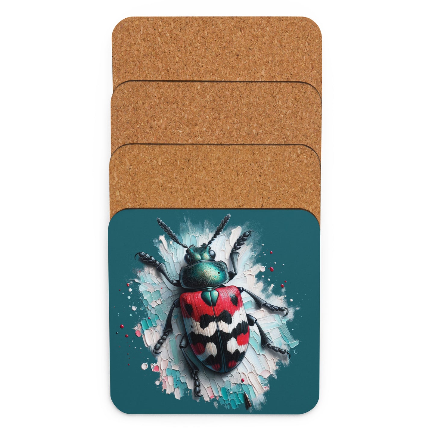 Bold multi colored beetle on textured surface cork back coaster top view