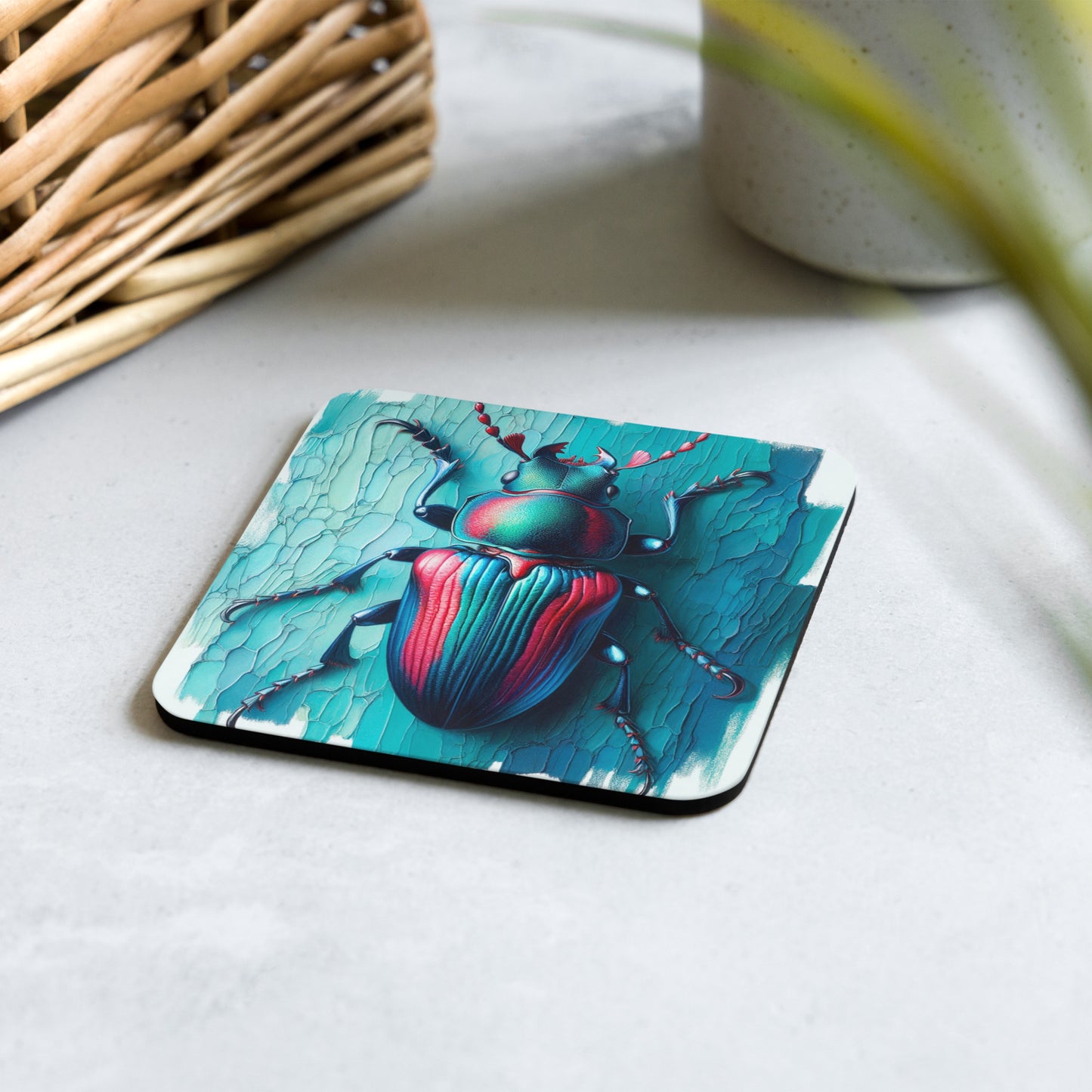 big bold red and teal Beetle on textured background cork backed coaster top angled view