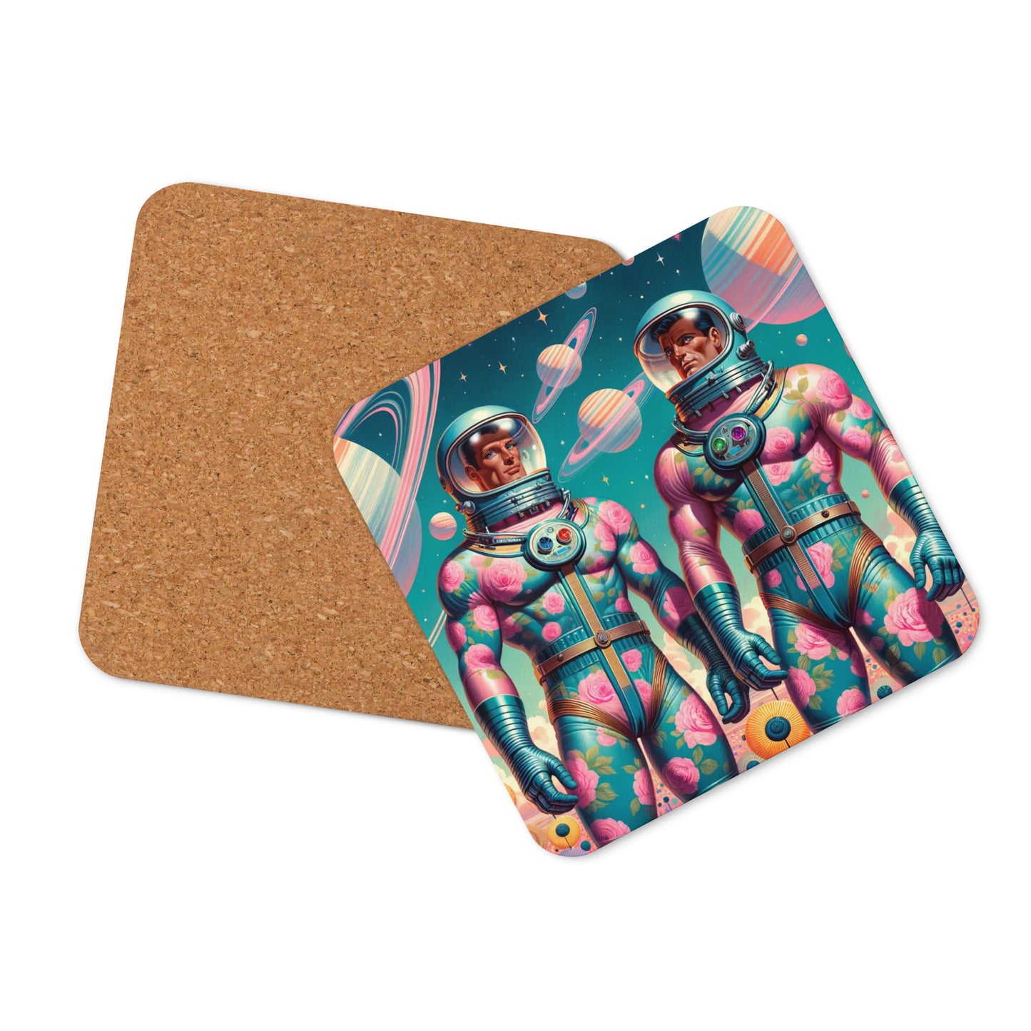 Astro Flower Power 1 Cork-Back Coaster handsome astronauts in floral suits camp