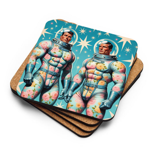 Astro Flower Power 2 Cork-Back Coaster top. handsome astronauts in sexy feminine suits