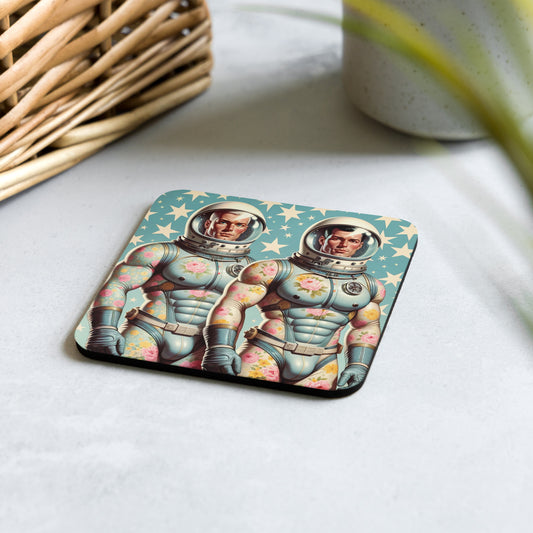 Astro Flower Power 3 Cork-Back Coaster top handsome astronauts packed for action