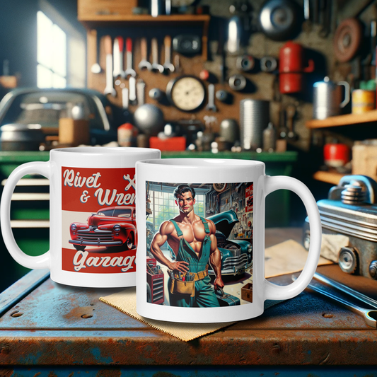 Beefcake mechanic in 1940's garage on one side of white ceramic mug and Garage loge on other side