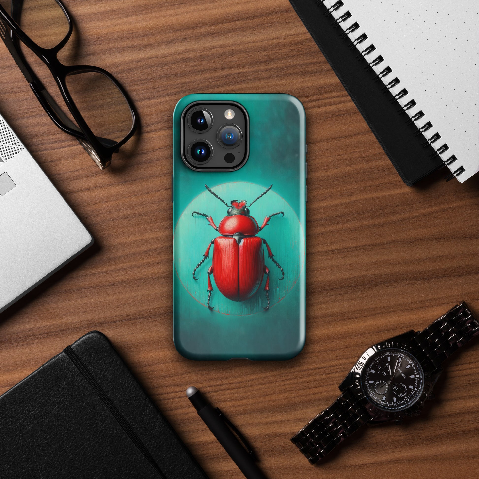 Red Beetle on teal rextured iphone case cover top view