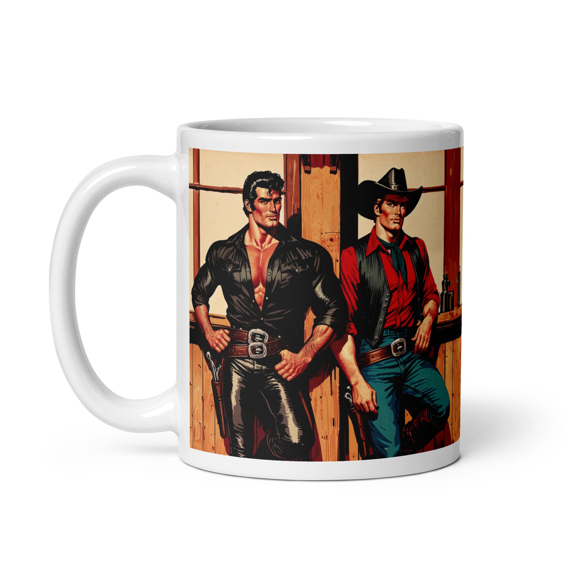 Adam and Brick gay cowboys ceramic mug single back