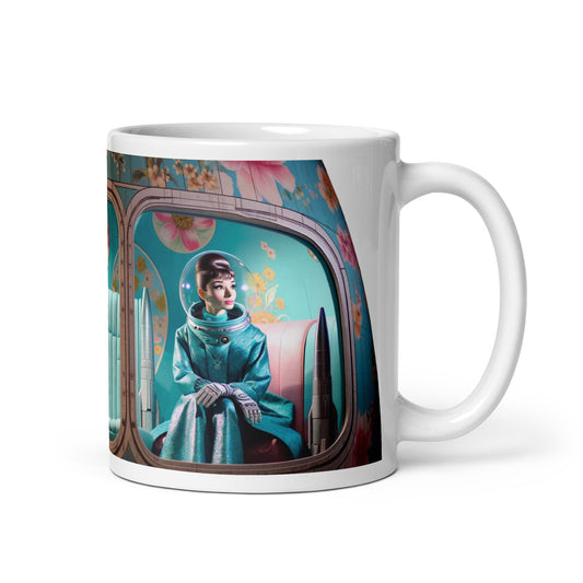 Audrey Hepburn wearing a couture space suit aboard a beautiful fancy rocket looking out window image on a ceramic mug